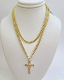 10k Gold Chain Miami Cuban Jesus Cross Charm Pendant Set 4mm 18"28" Necklace