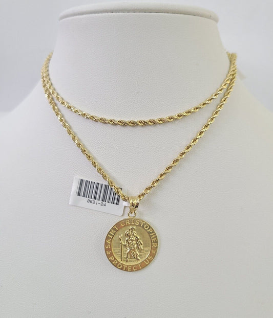 10k 2.5mm Rope Chain Saint Christopher Pendant 18"-30" Gold Set Charm Necklace