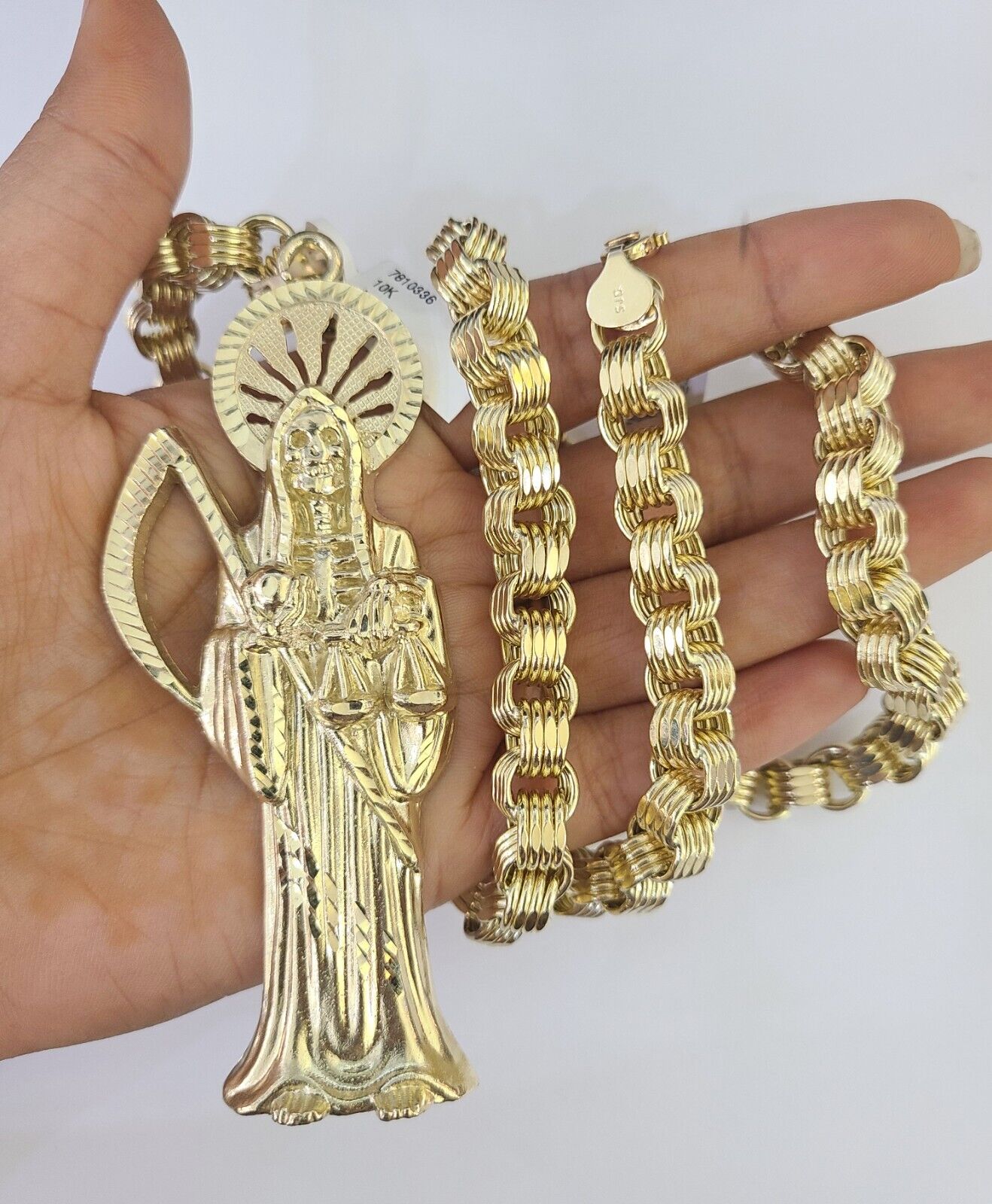 10k Gold Byzantine Necklace Reaper Charm 20-30 inches 9mm REAL SET Chain