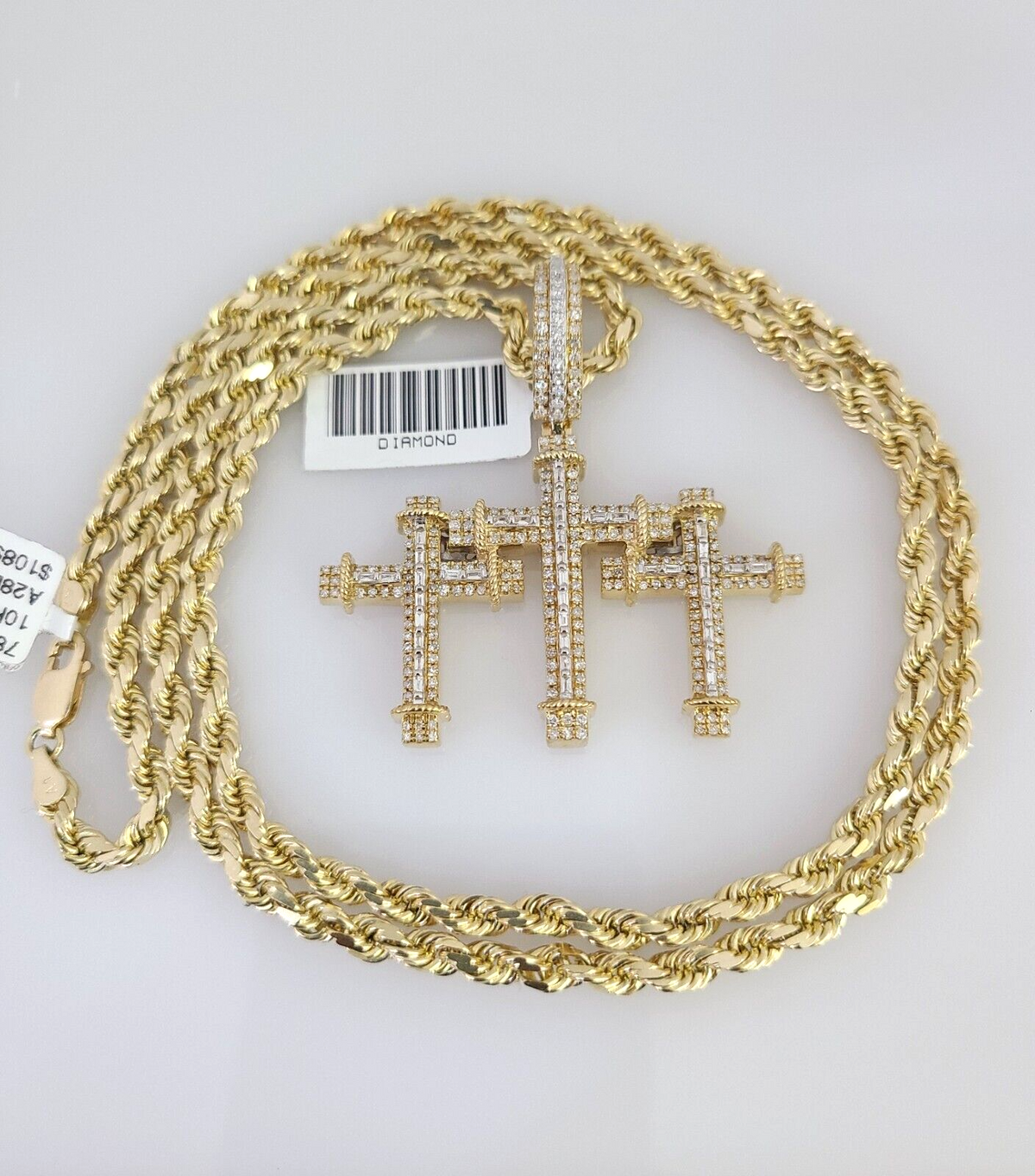 10k Solid Rope Chain 10k Solid Rope Chain Triple Cross Charm Diamond Set 4mm 20