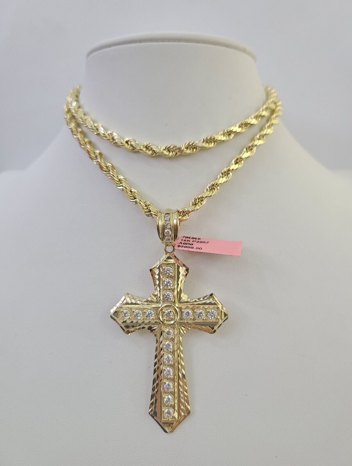 Real 14k Rope Chain Jesus Cross Charm Yellow Gold Set 5mm 20"-30" Necklace