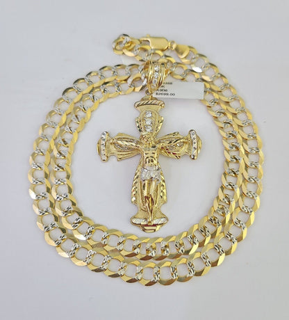 10k Gold Chain Cross Charm Solid Cuban Curb Necklace 9mm 20"-30" Diamond Cut SET