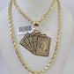 10k Solid Rope Chain Royal Flush Cards Charm Set 4mm 20"-28" Necklace Gold