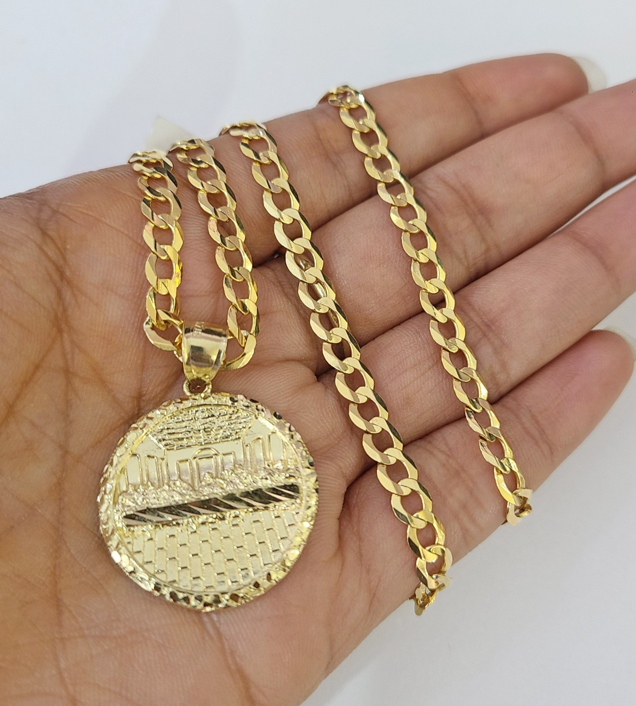 10k Gold Chain Last Supper Nugget Pendant Cuban Curb Link 5mm 18"-28" Inch SET