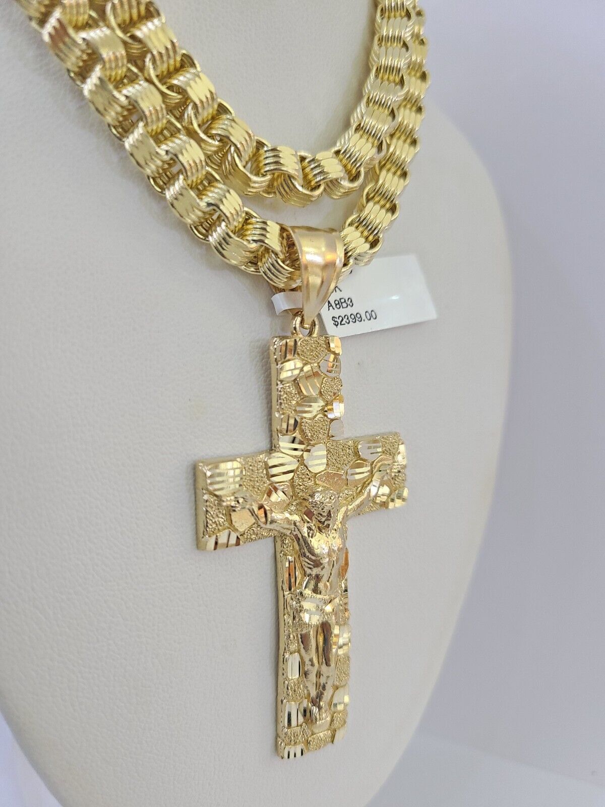 10k Gold Byzantine Necklace Jesus Cross Charm 20-30 inches 6mm SET Chain Pendant