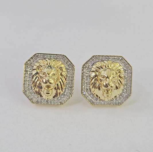 10k Diamond Lion Earrings Yellow gold Real Screw-Back Women Men studs