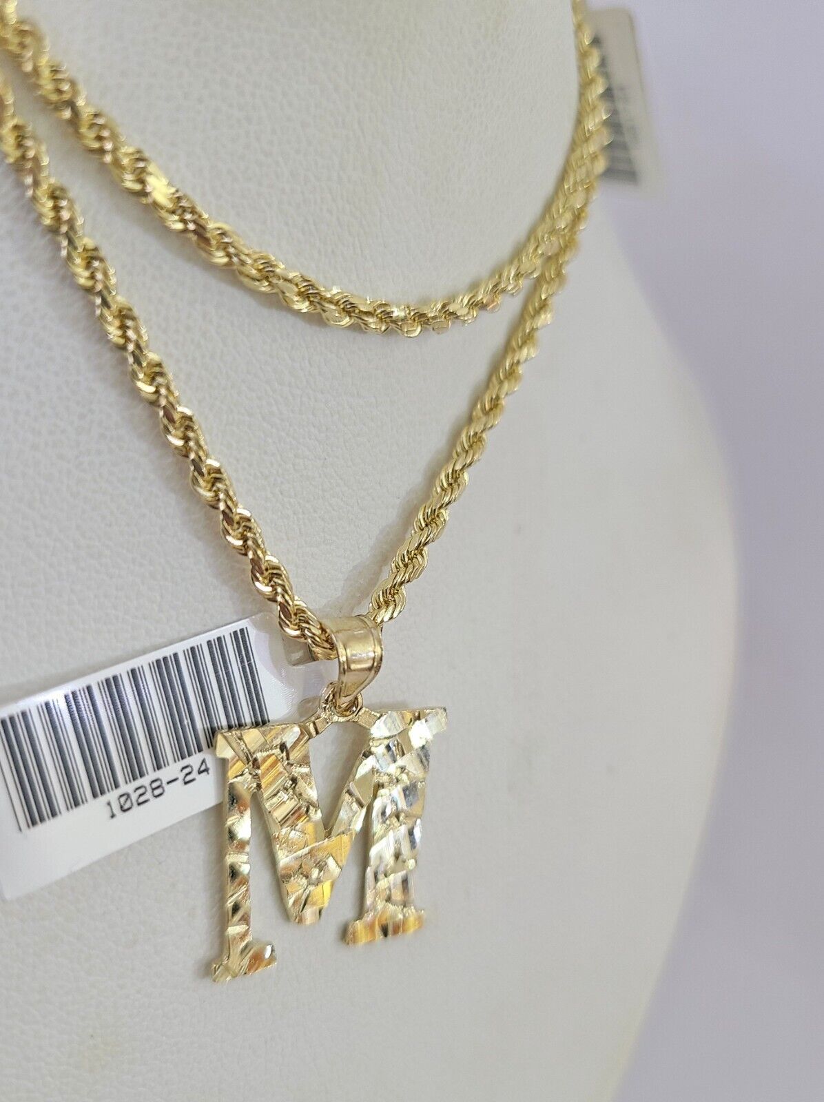 10k Gold Initial M Charm Rope Chain 16"-26" 2.5mm SET Necklace Alphabet Pendant