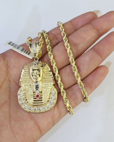 10k Solid Rope Chain Pharaoh Charm Set 4mm 18"-28" Necklace Yellow Gold Pendant