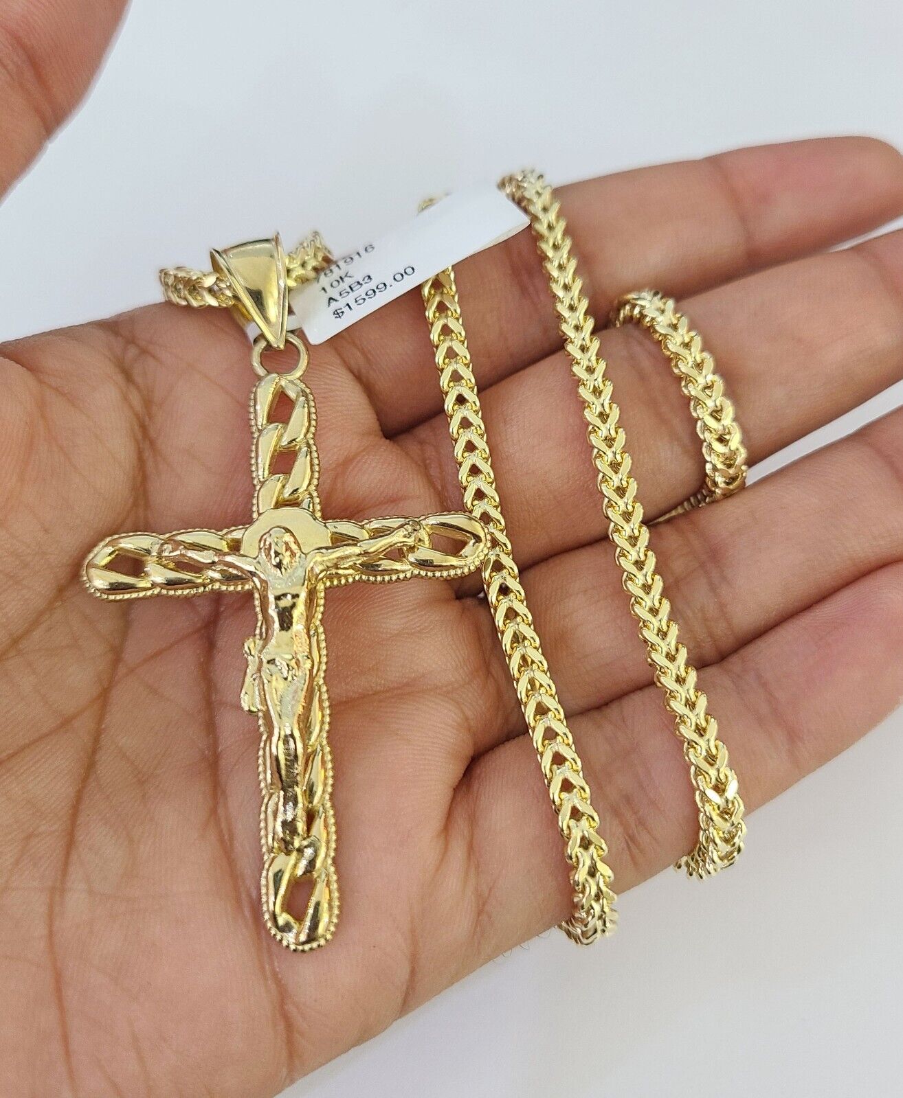 10K Franco Chain Jesus Cross Pendant Charm Necklace 20"-26" 3mm Gold Yellow SET