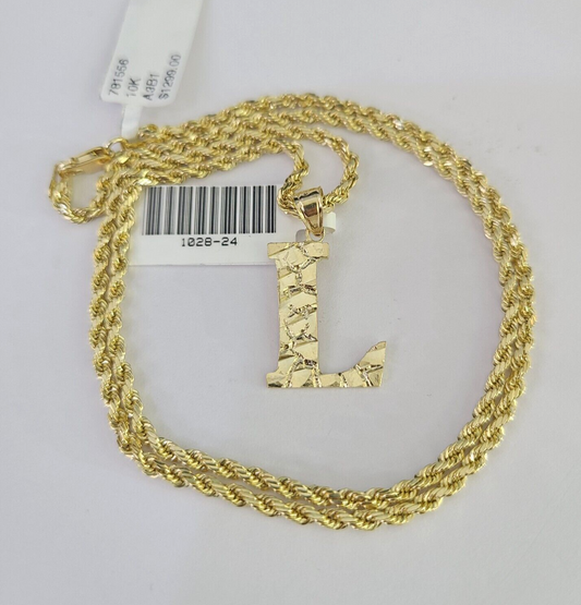 10k Gold Initial L Charm Rope Chain 16"-26" 2.5mm SET Necklace Alphabet Pendant