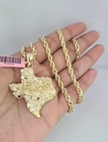 Real 14k Solid Rope Chain Texas Map Charm Gold Set 4mm 18"-30" Necklace Pendant