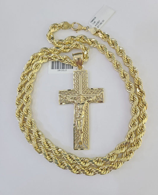 Real 10k Rope Chain Jesus Cross Charm Set 7mm 20"-28" Inch Necklace Yellow Gold