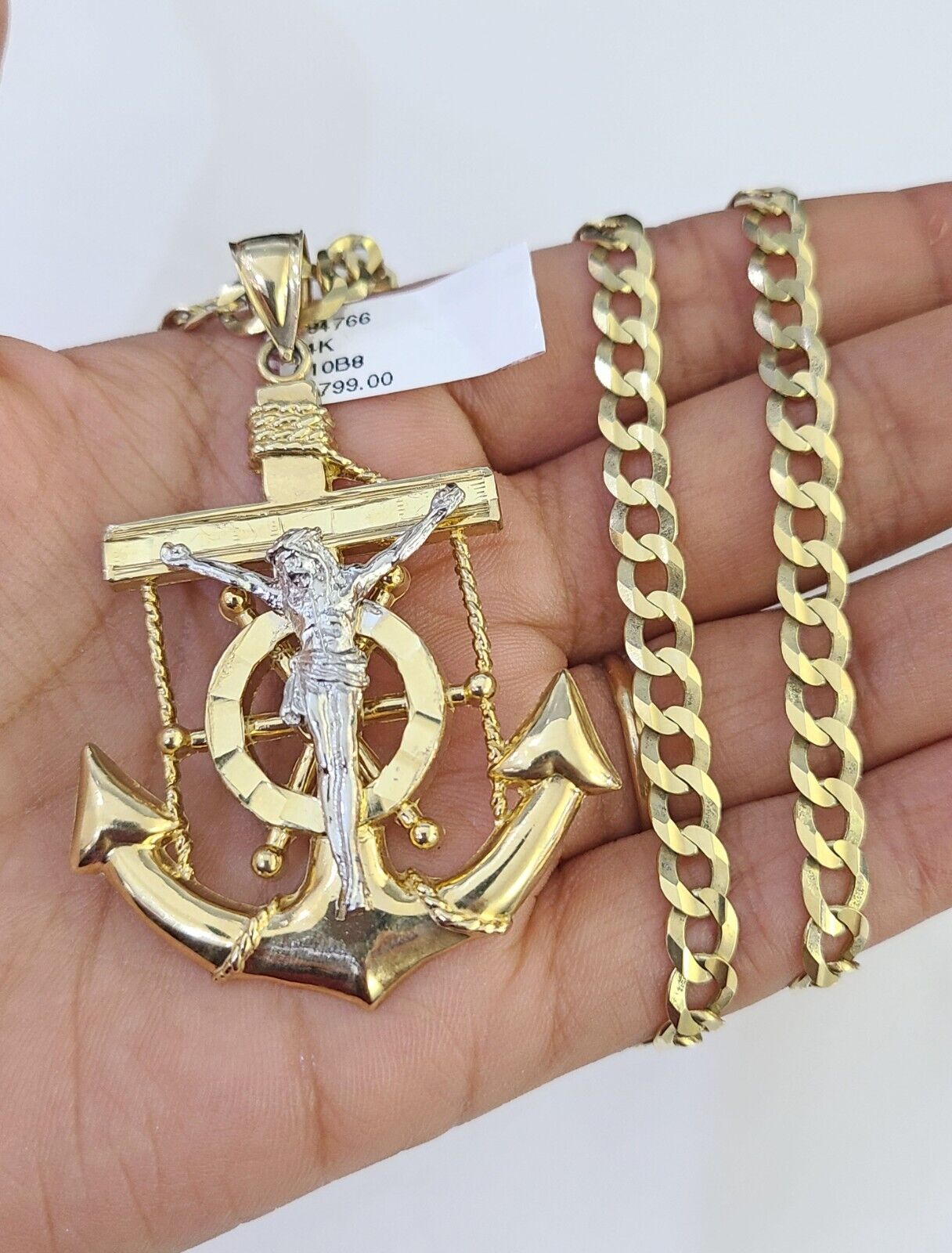 14k Gold Chain Jesus Anchor Charm Solid Cuban Curb 5mm 20"-26" Inch SET Necklace