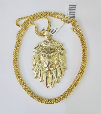 10K Franco Chain Roaring Lion Pendant Charm Necklace 20"-26" 2.5mm Yellow Gold