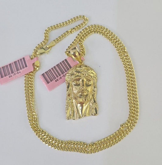 14k Miami Cuban Chain Jesus Head Charm Yellow Gold Set 3mm 18"-28" Necklace