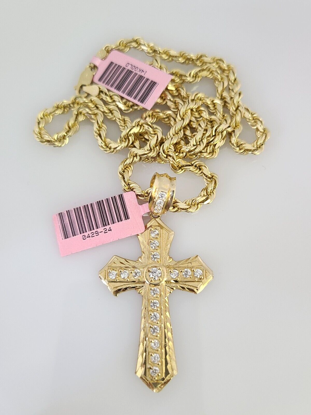 Real 14k Solid Rope Chain Jesus Cross Charm Gold Set 4mm 18"-30" Necklace