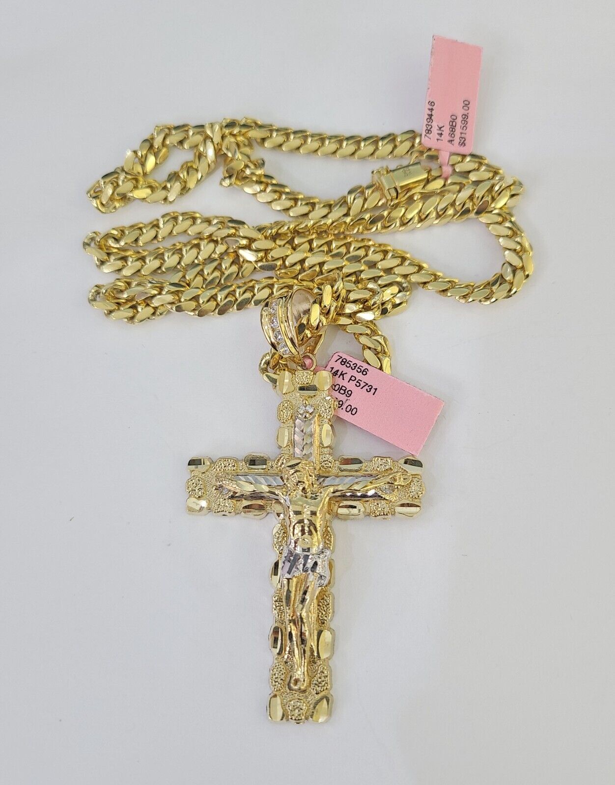 Real 14k Solid Chain Cross Charm Set Miami Cuban Link 6mm Necklace Pendant Gold