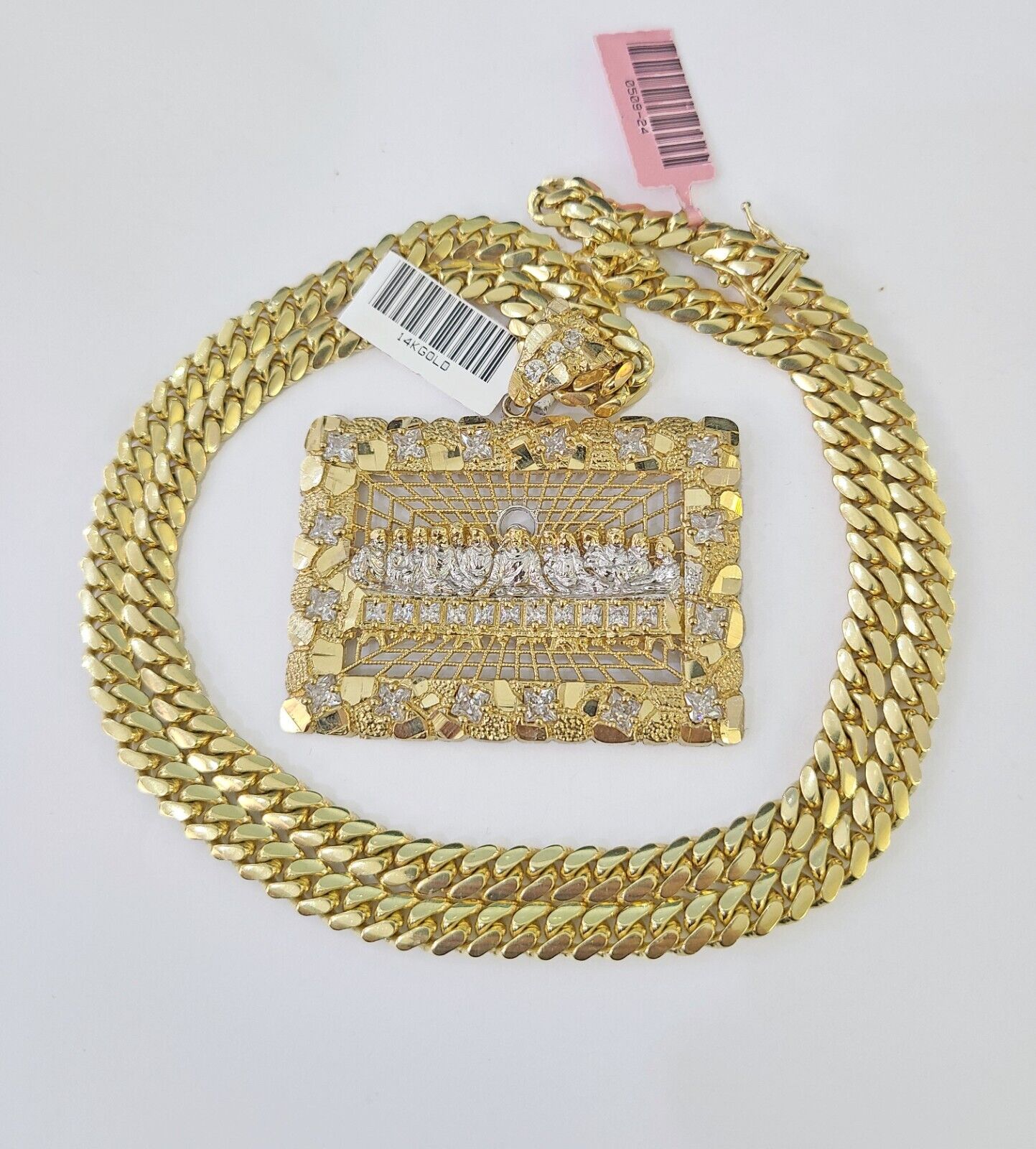 Real 14k Solid Chain Last Supper Charm Set Miami Cuban Link 6mm Necklace Pendant