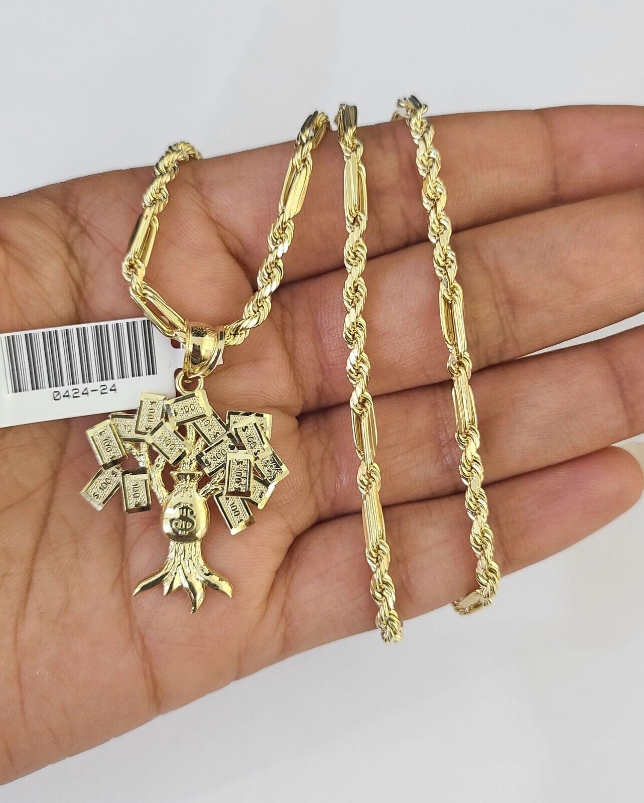 10k Milano Rope Chain Money Tree Charm Necklace SET 3mm 18" 20" 22" 24"