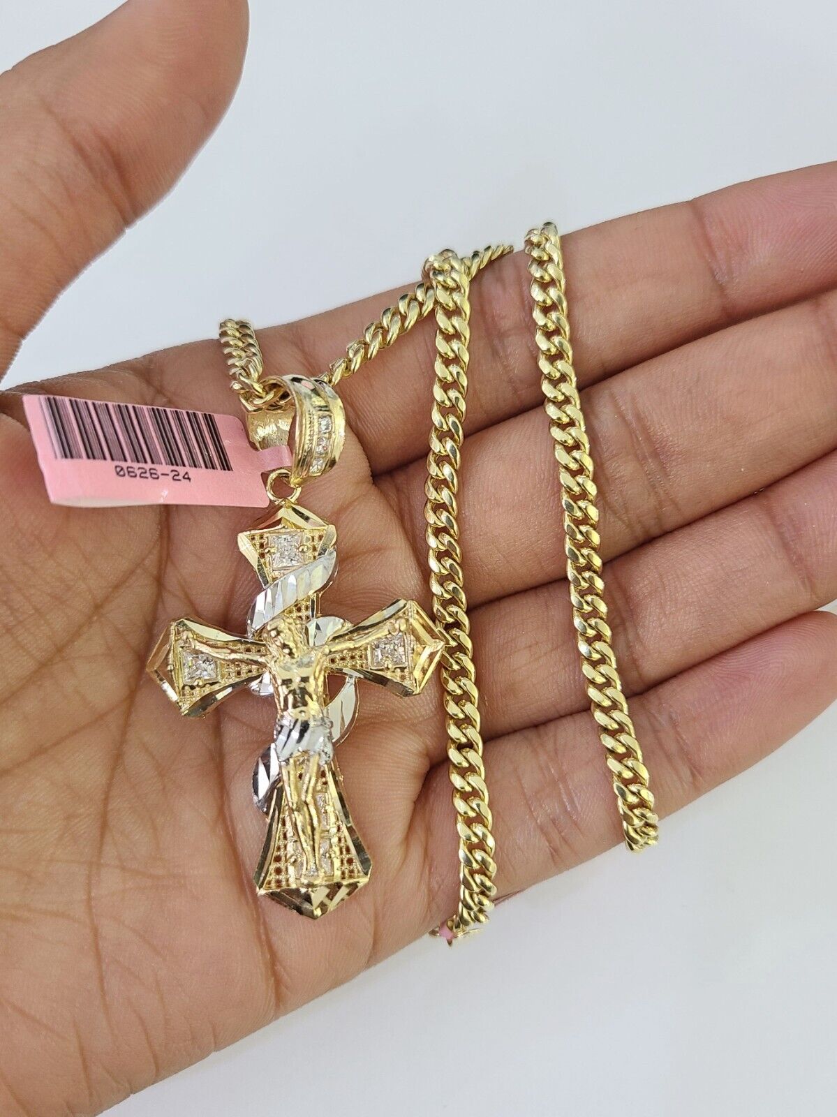 Real 14k Chain Cross Charm Set Miami Cuban Link 4mm Necklace Pendant Yellow Gold