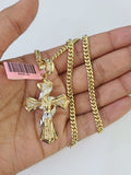 Real 14k Chain Cross Charm Set Miami Cuban Link 4mm Necklace Pendant Yellow Gold