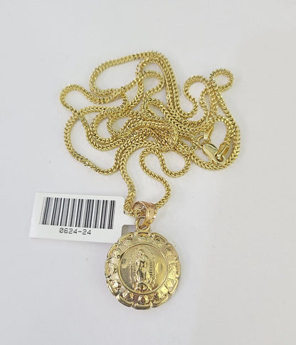 10K Solid Franco Chain Jesus Virgin Mary Pendant Charm Necklace 18"-24" 1mm Gold