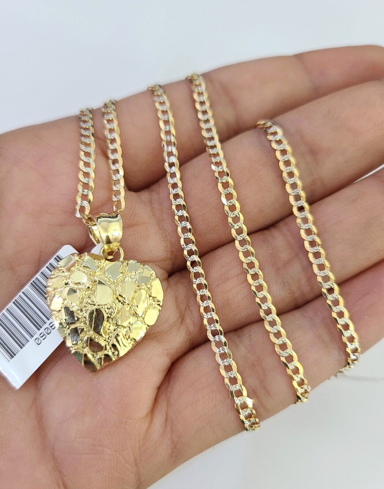 10k Solid Gold Cuban Curb Chain Hearts Pendant 2mm 18"-24" SET Necklace