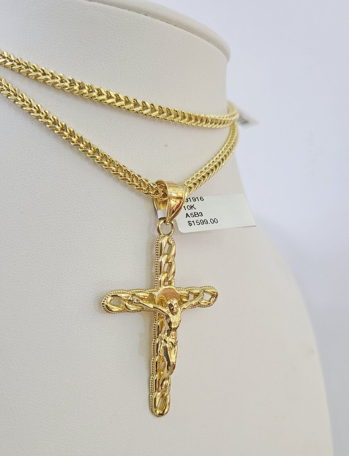 10K Franco Chain Jesus Cross Pendant Charm Necklace 20"-26" 3mm Gold Yellow SET