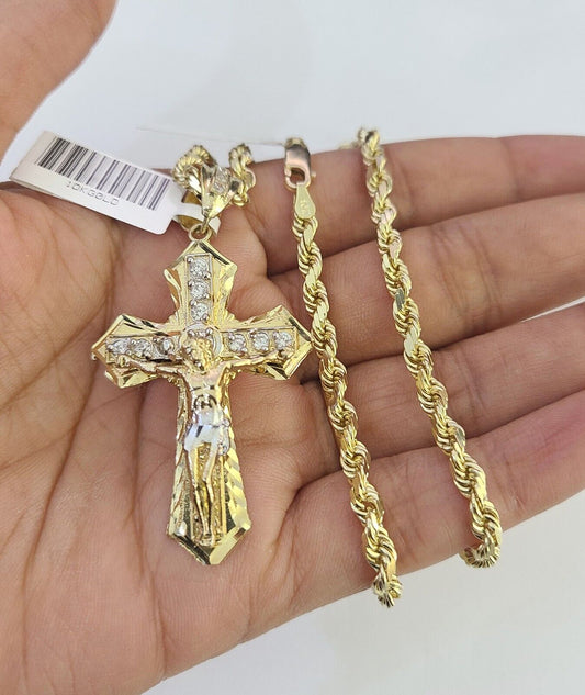 10k Solid Rope Chain Jesus Cross Charm Set 4mm 18"-30" Necklace Gold Pendant