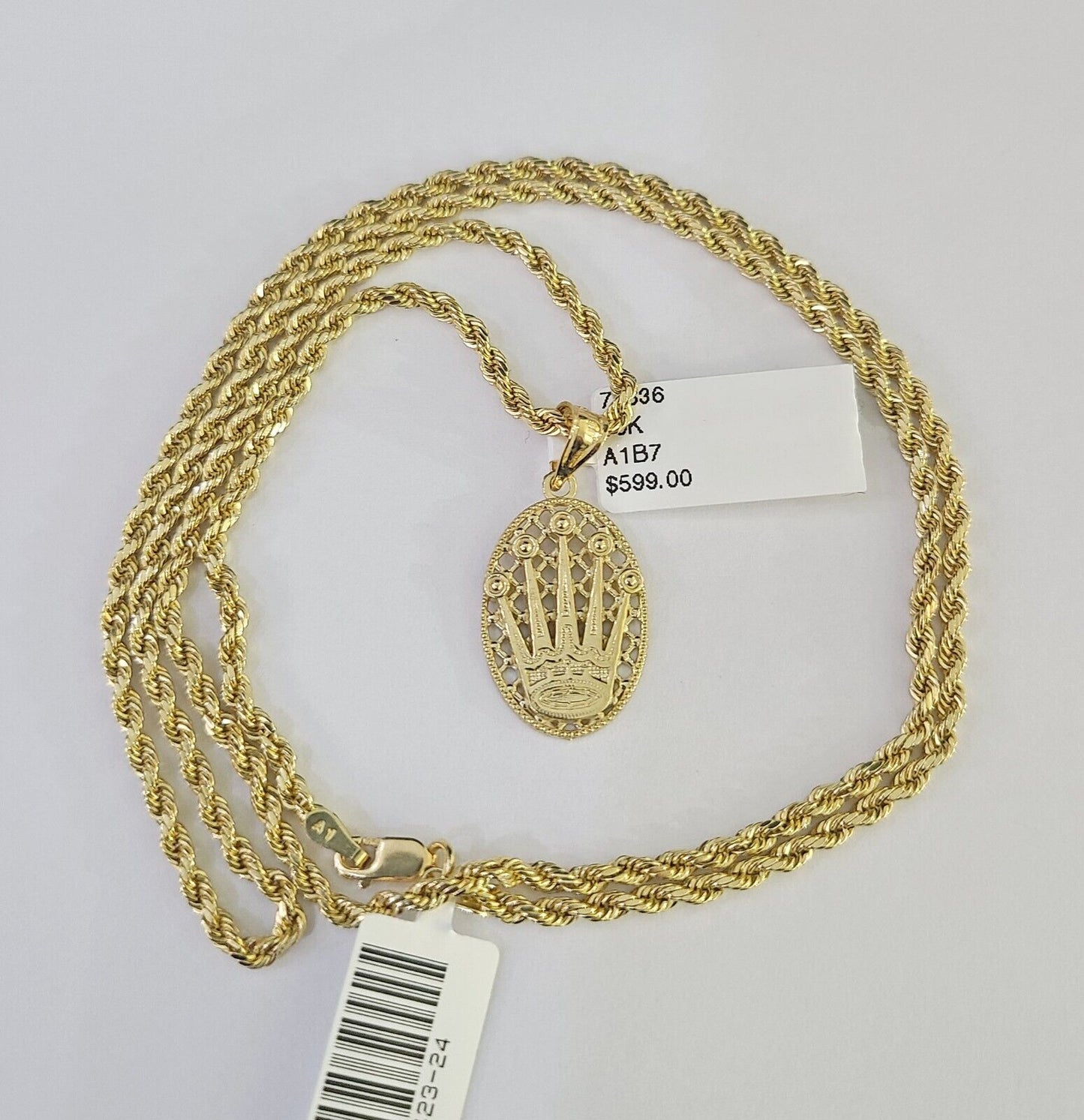 10k 2.5mm Rope Chain Crown Pendant 18"-30" Yellow Gold Set Charm Necklace