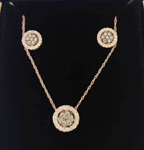 Real 14k Diamond Necklace Pendant Earrings Set Rose Gold Chain Women