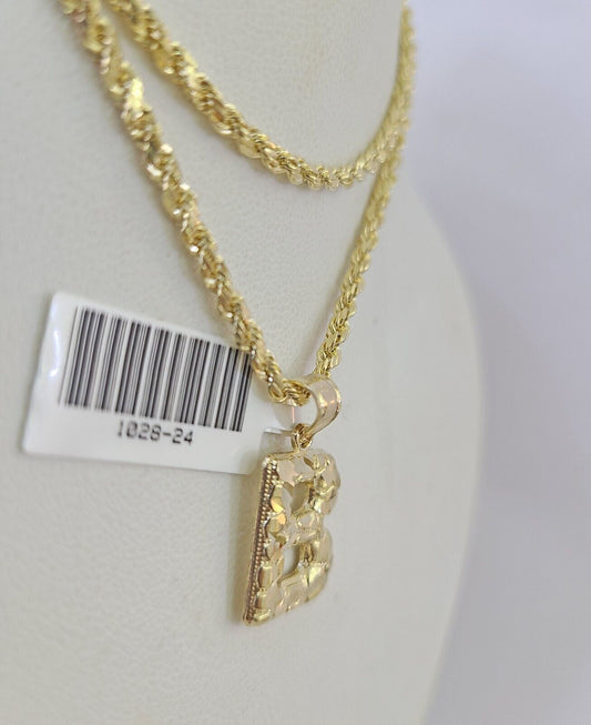 10k Gold Initial B Charm Rope Chain 16"-26" 2.5mm SET Necklace Alphabet Pendant