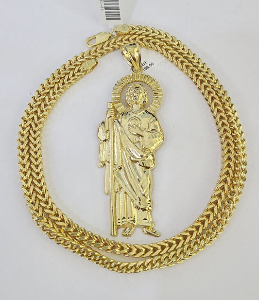 10K Franco Chain Saint Jude Pendant Charm Necklace 20"-26" 5mm Gold SET Yellow