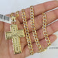 10k Gold Chain Last Supper Cross Charm Solid Cuban Curb 5mm 18"-28" Inch SET