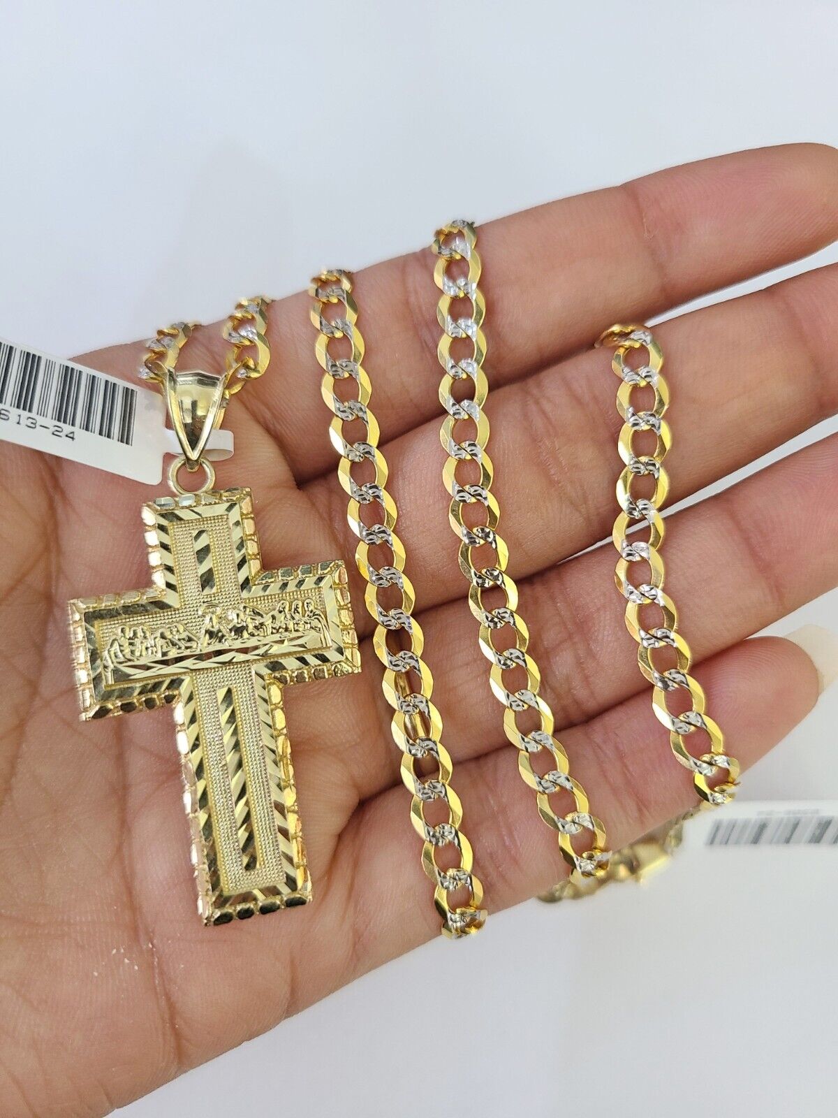 10k Gold Chain Last Supper Cross Charm Solid Cuban Curb 5mm 18"-28" Inch SET