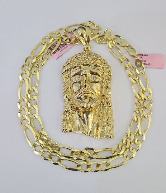 14k Figaro Chain Jesus Head Charm Pendant Gold 7mm 20-30 inch SET Necklace