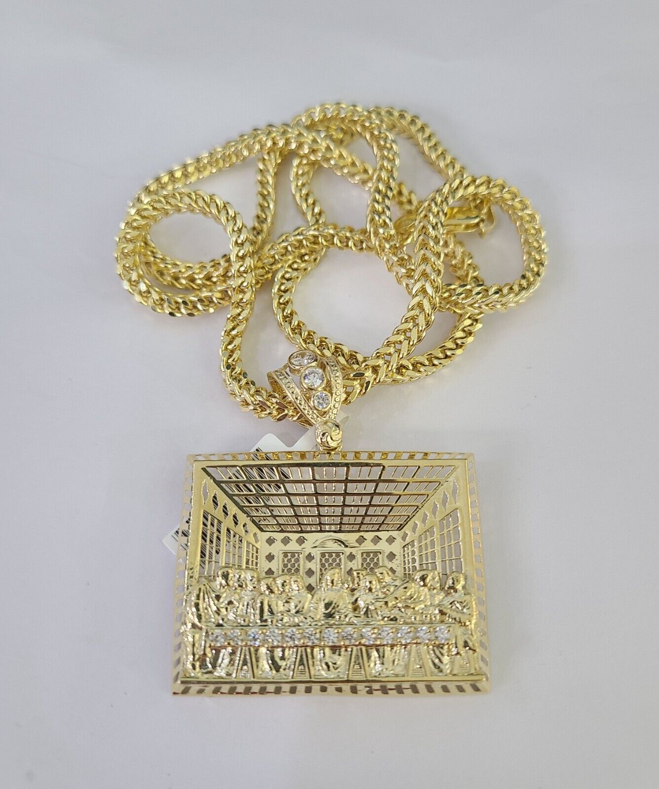 10K Franco Chain Last Supper Pendant Charm Necklace 20"-28" 4mm Yellow Gold SET