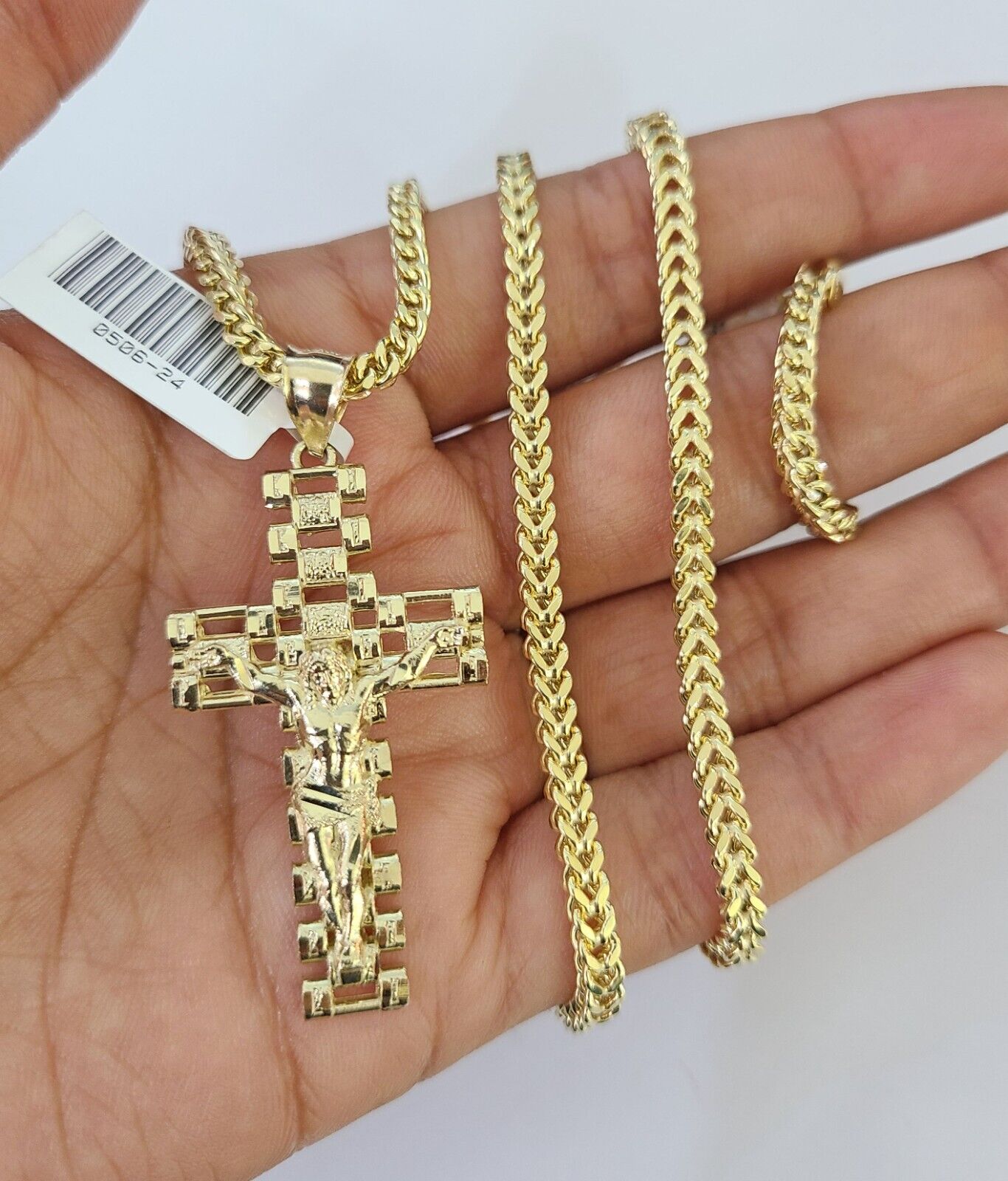 10K Franco Chain Jesus Cross Pendant Charm Necklace 20"-26" 3mm Gold Yellow SET