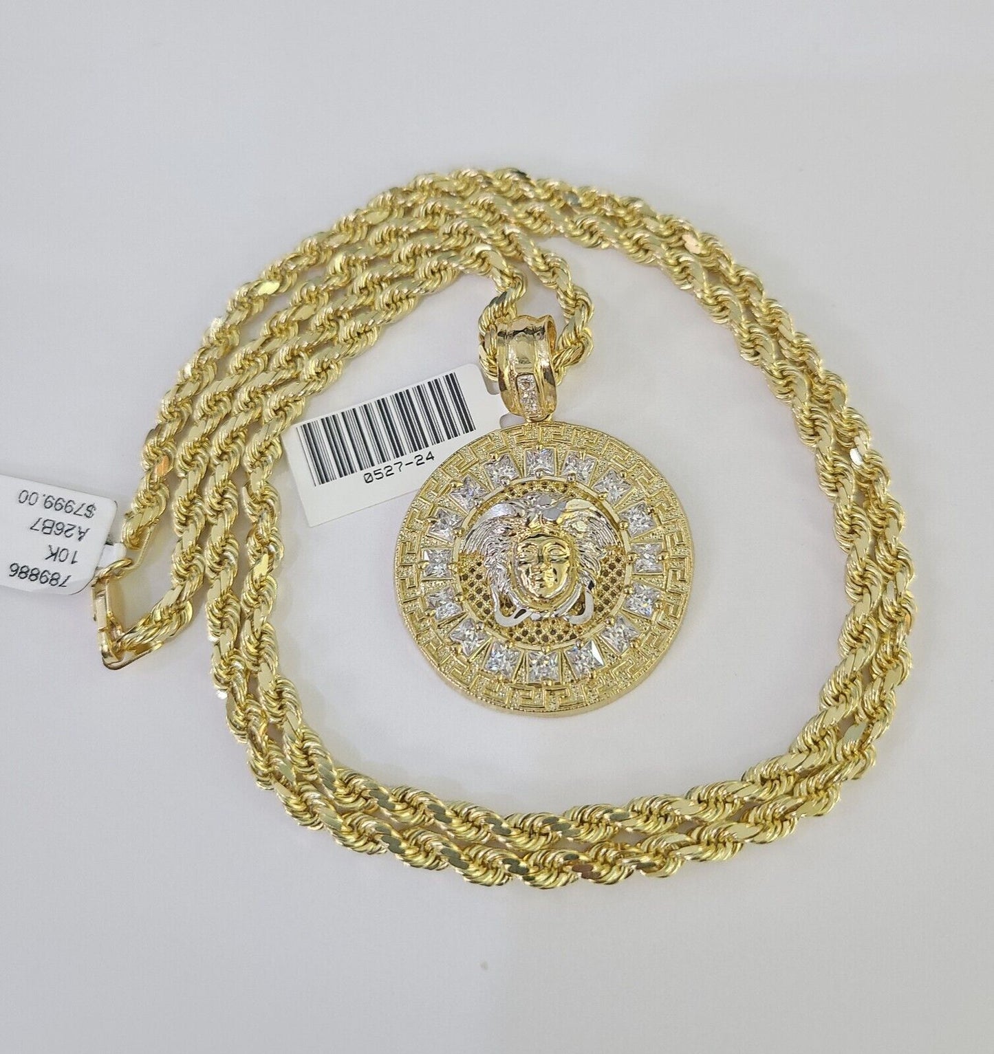 10k Solid Rope Chain Medusa Circular Charm Set 4mm 20"-28" Necklace Gold Yellow