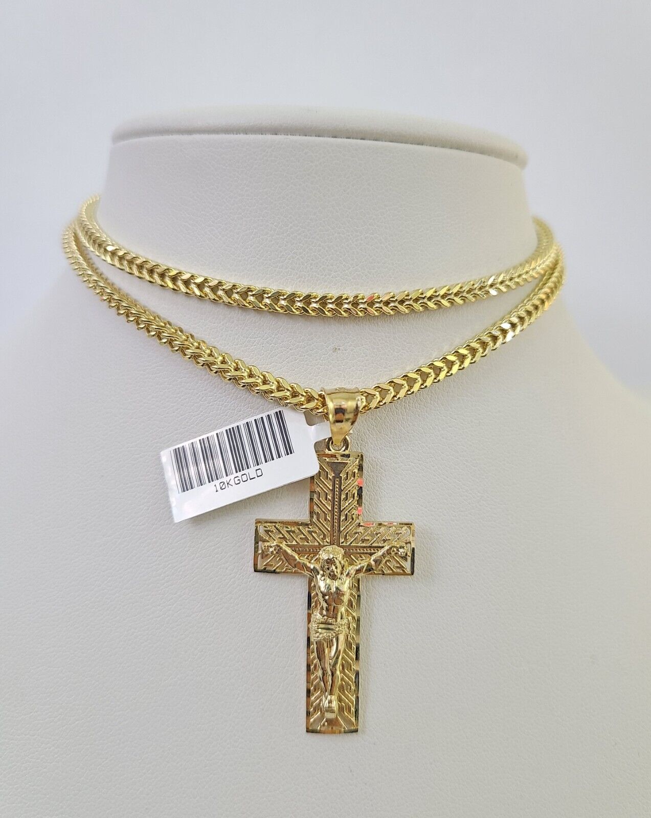 10K Franco Chain Jesus Cross Pendant Charm Necklace 20"-26" 3mm Gold Yellow SET