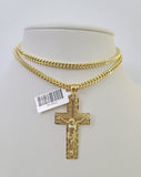 10K Franco Chain Jesus Cross Pendant Charm Necklace 20"-26" 3mm Gold Yellow SET