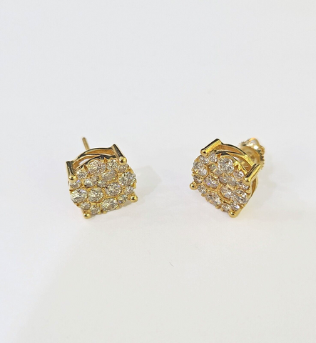 10k Yellow gold Flower Earrings Real Diamond screw-back Women Men studs