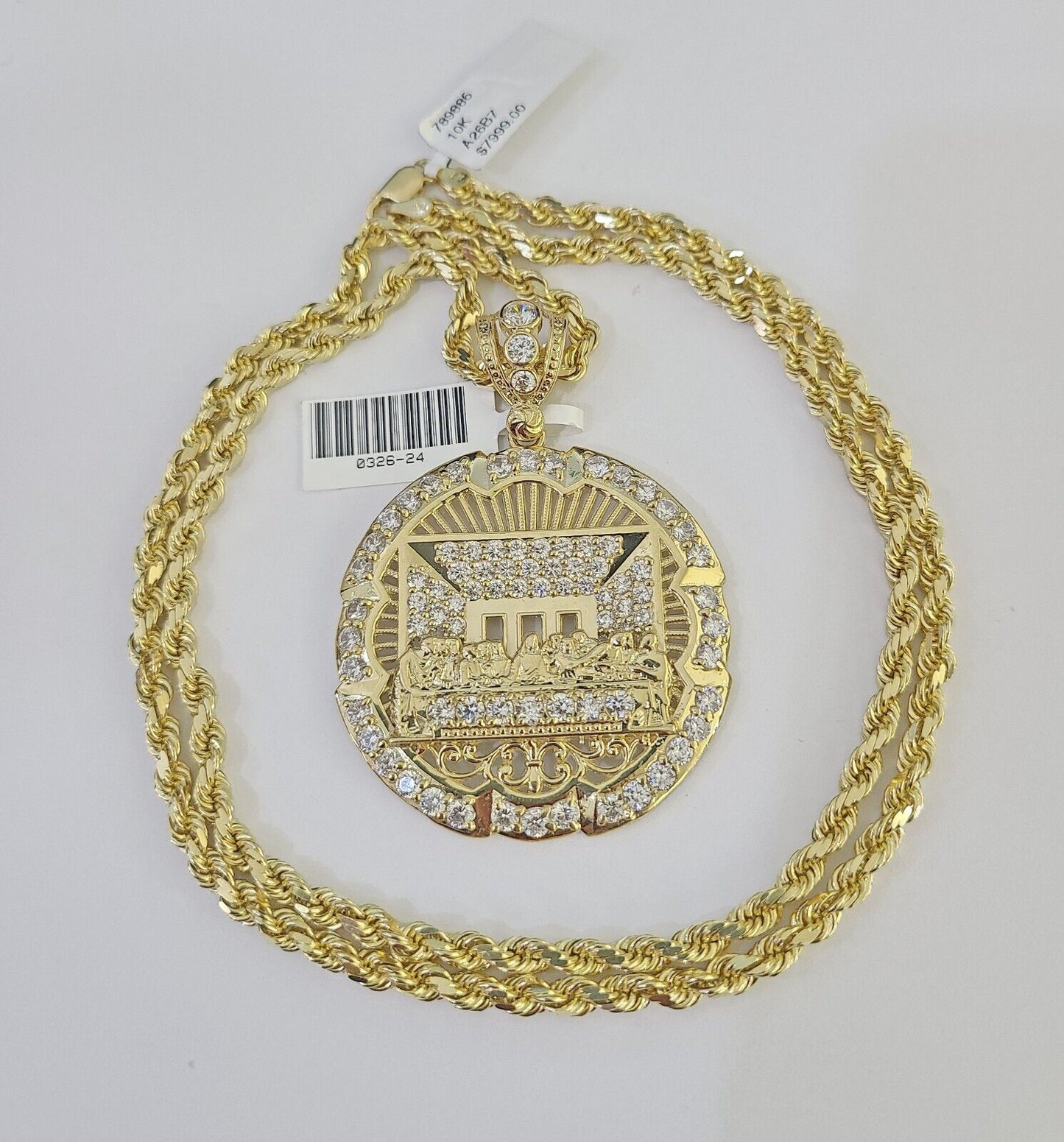 10k Solid Rope Chain Last Supper Charm Set 4mm 20"-28" Necklace Gold Yellow