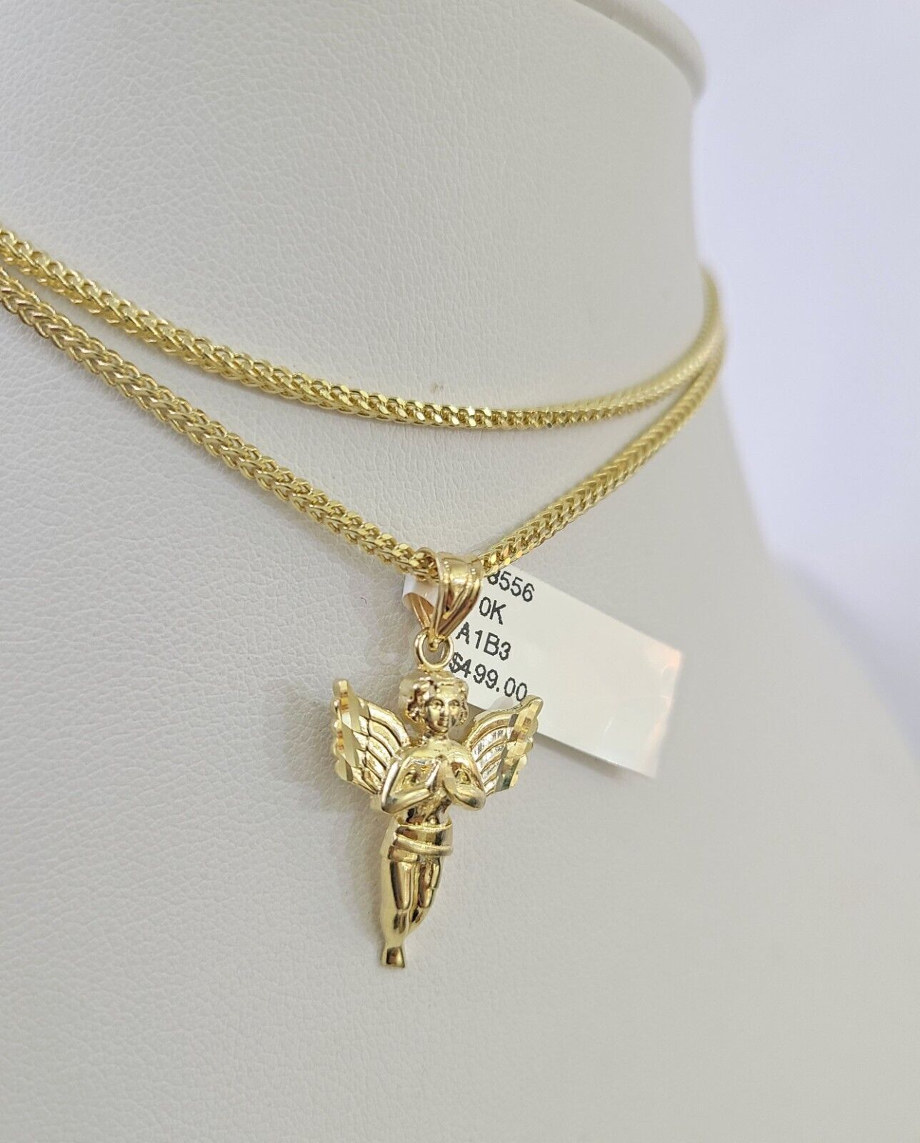 10K Franco Chain Praying Angel Pendant Charm Necklace 16"-24" 2mm Gold SET