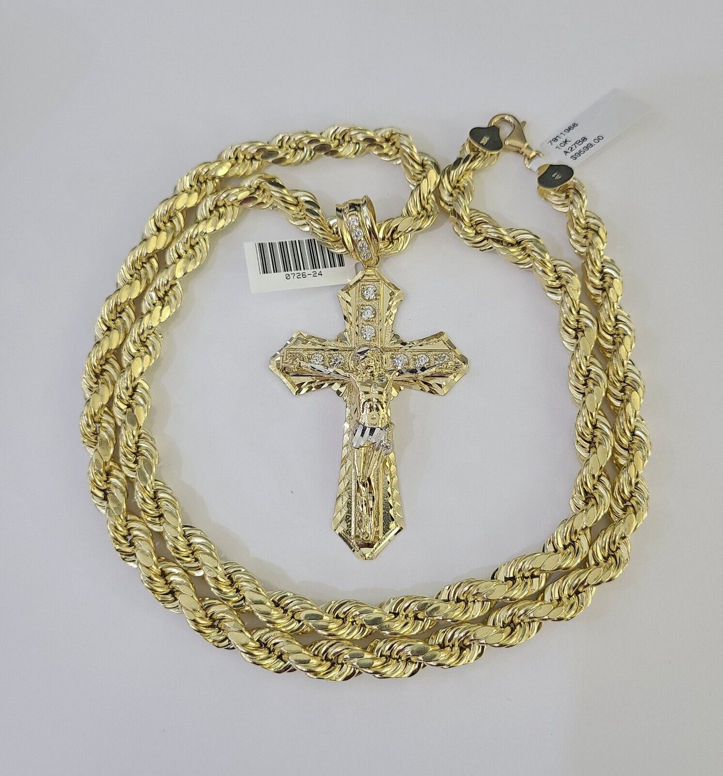 Real 10k Rope Chain Jesus Cross Charm Set 8mm 20"-30" Inch Necklace Yellow Gold