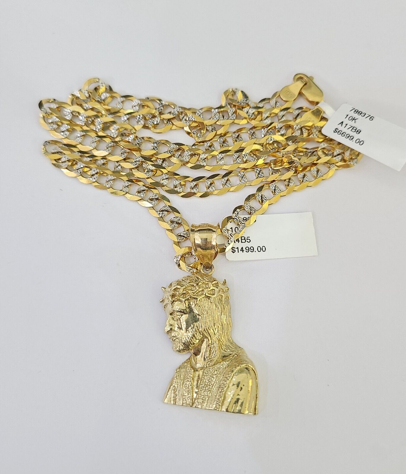 10k Solid Gold Cuban Curb Chain Jesus Head Pendant 6mm 20"-30" SET Necklace