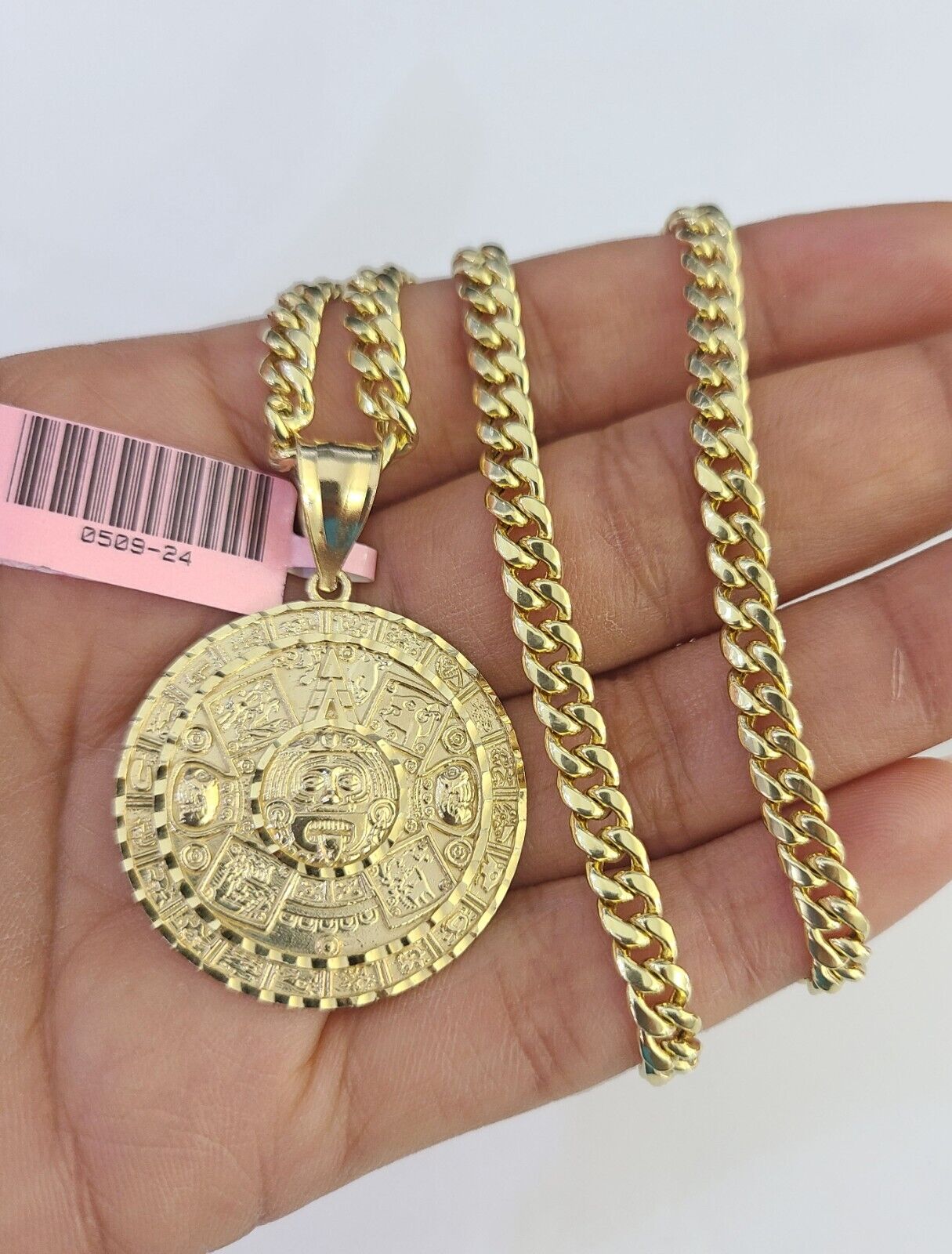 14k Chain Mayan Calendar Charm Set Miami Cuban Link 5mm 18"-30" Necklace Pendant