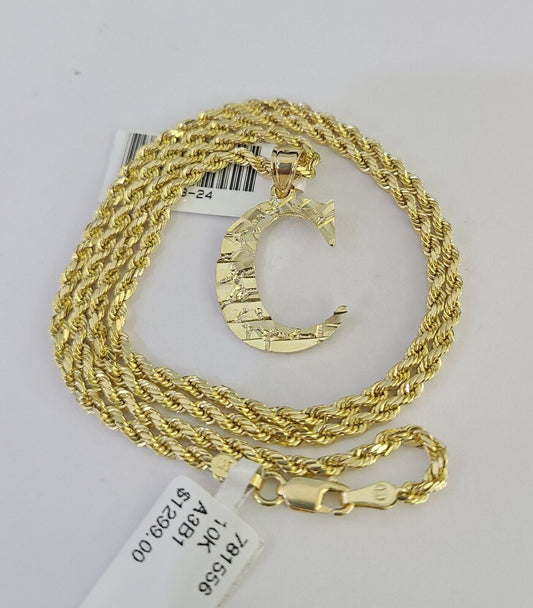 10k Gold Initial C Charm Rope Chain 16"-26" 2.5mm SET Necklace Alphabet Pendant