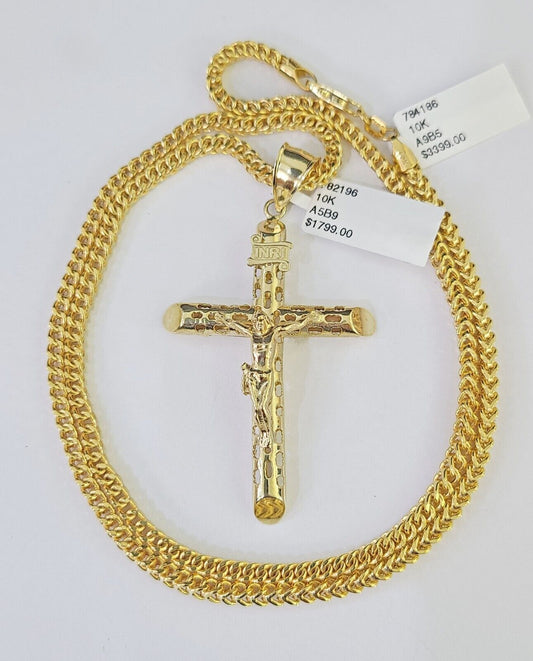 10K Franco Chain INRI Jesus Cross Pendant Charm Necklace 20"-26" 3mm Gold