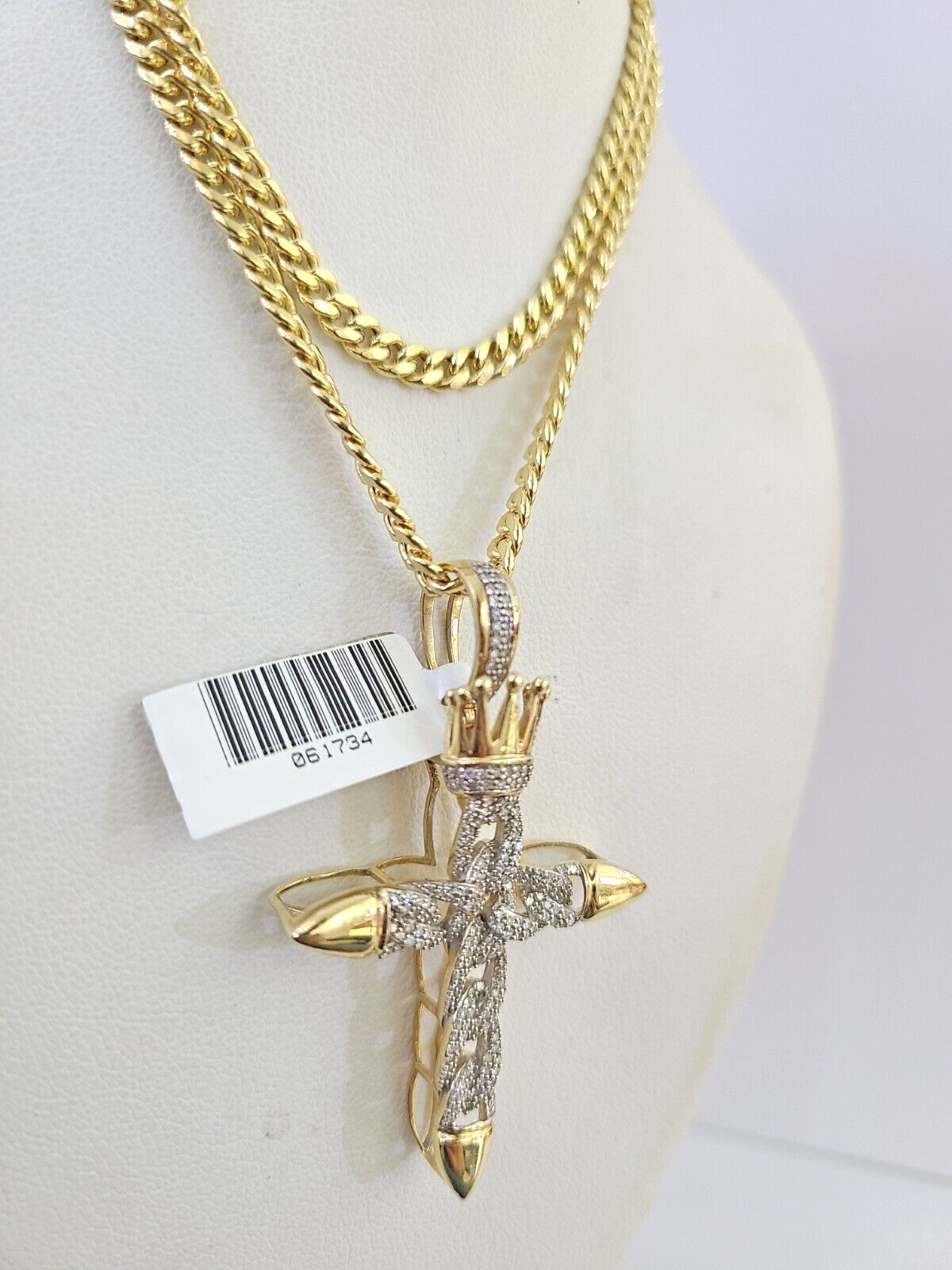 10k Miami Cuban Chain Diamond Jesus Cross Charm Set 4mm 18"-28" Necklace Gold